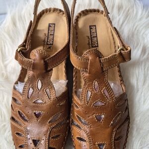 PIKOLINOS Women's Brown Leather Cutout Slingback Sandals 37